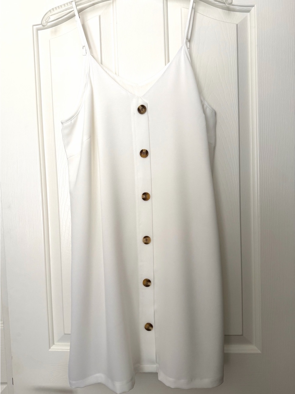 White Spaghetti Strap Button- Trim Front Dress